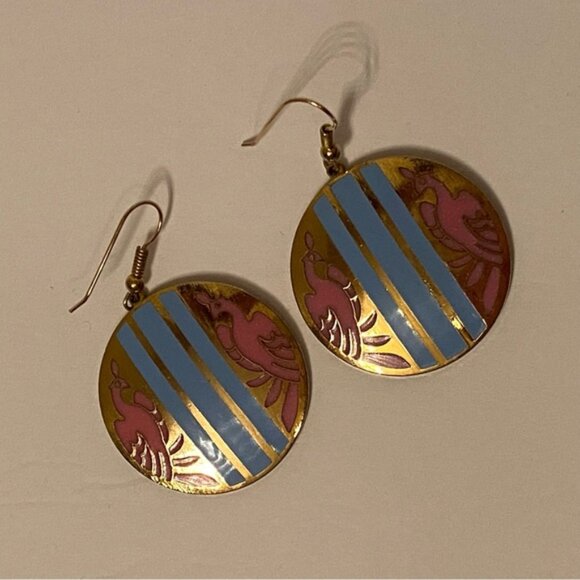 SIGNED ERM EARRINGS PINK DOUBLE PHOENIX BLUE STRIPE GOLD TONE CIRCLE DROP WIRE - Picture 5 of 8